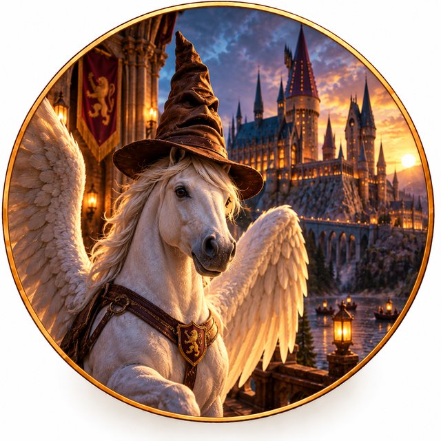Stemma della Community L-5 Unipegaso: un cavallo alato con il cappello da mago davanti a un castello al tramonto